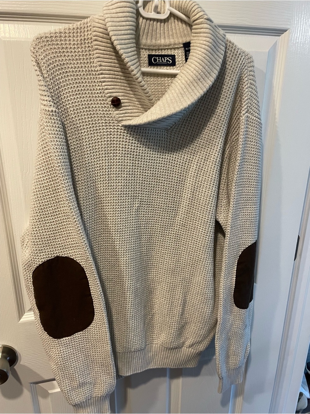 Chaps Women's Cream Cowl Neck Sweater with Brown Elbow Patches